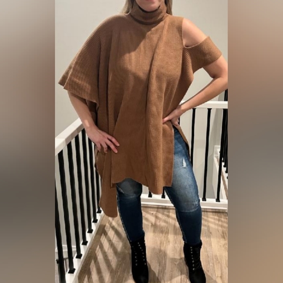 Asymmetric Wool Turtleneck Poncho in Mustard (Camel) - Nap Loungewear - Picture 10 of 10